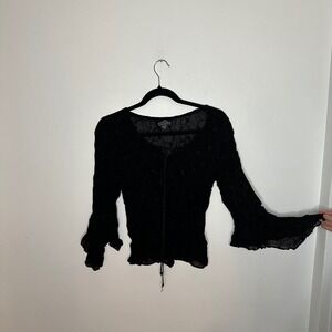 Y2K Whimsygoth Black Sheer Floral Embroidered Bell Sleeve Tie Front Blouse Med